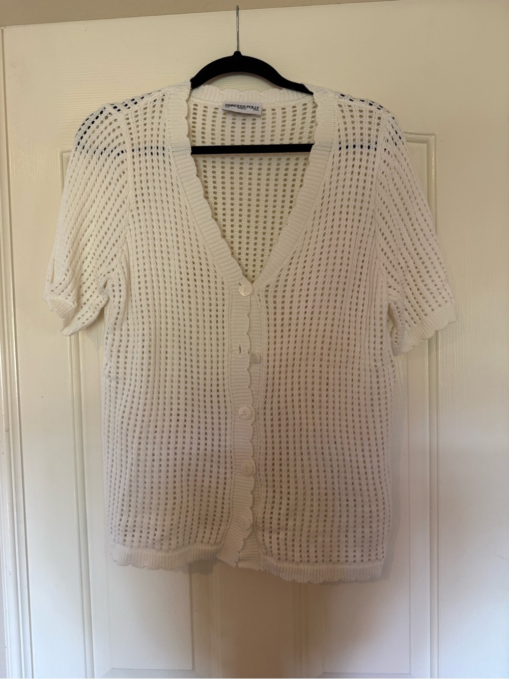 Princess Polly White Open-Knit Scallop-Edge Button Cover Up